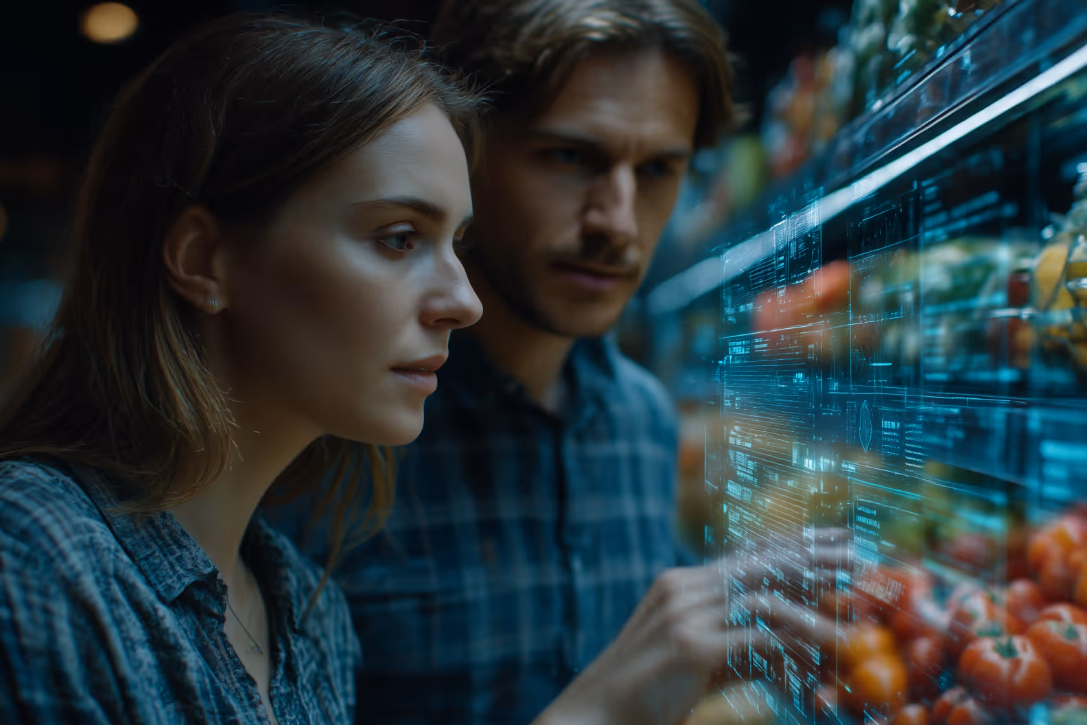 Two people looking at the floating screen